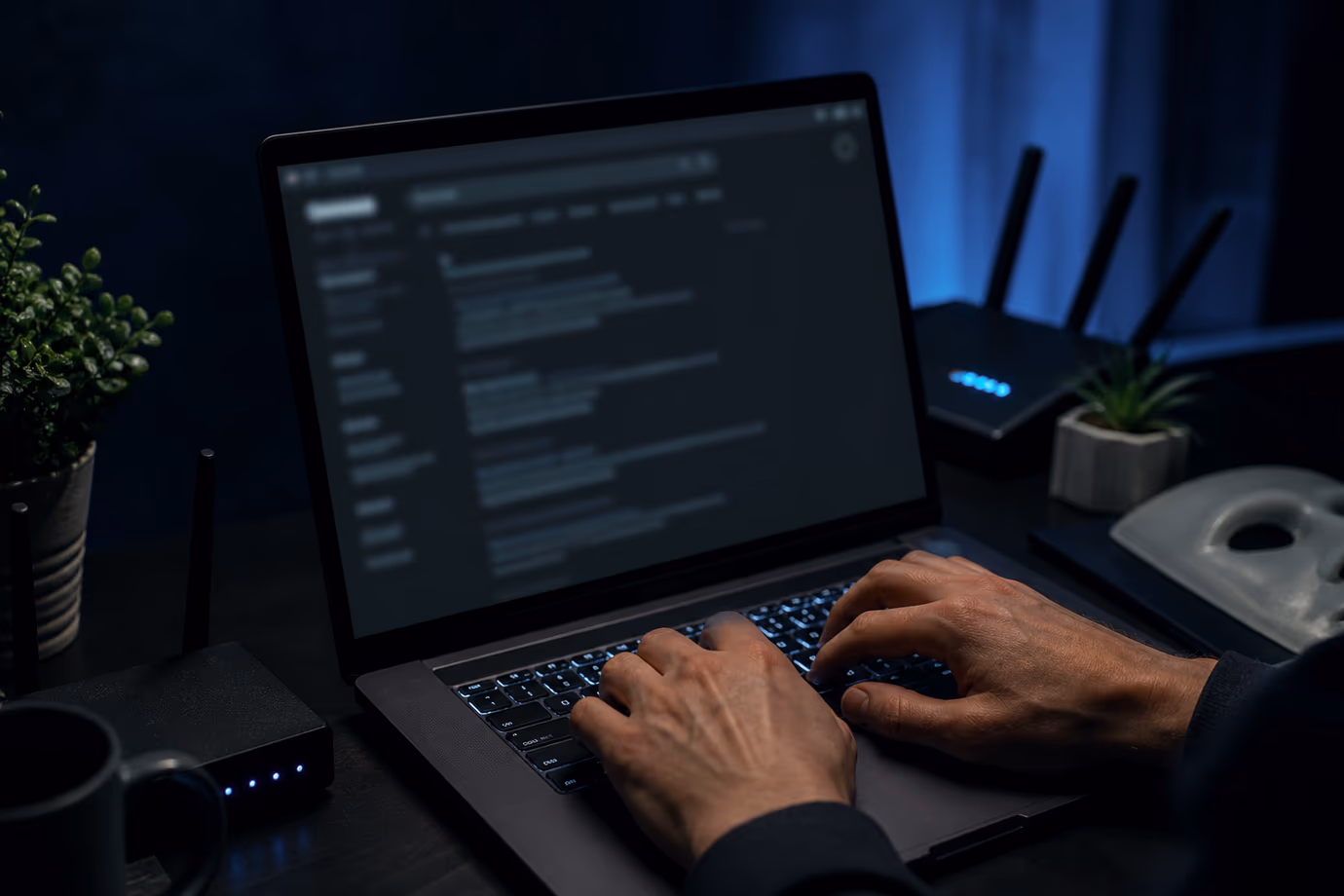 A user actively searching for dark web links on a laptop in a dimly lit room.