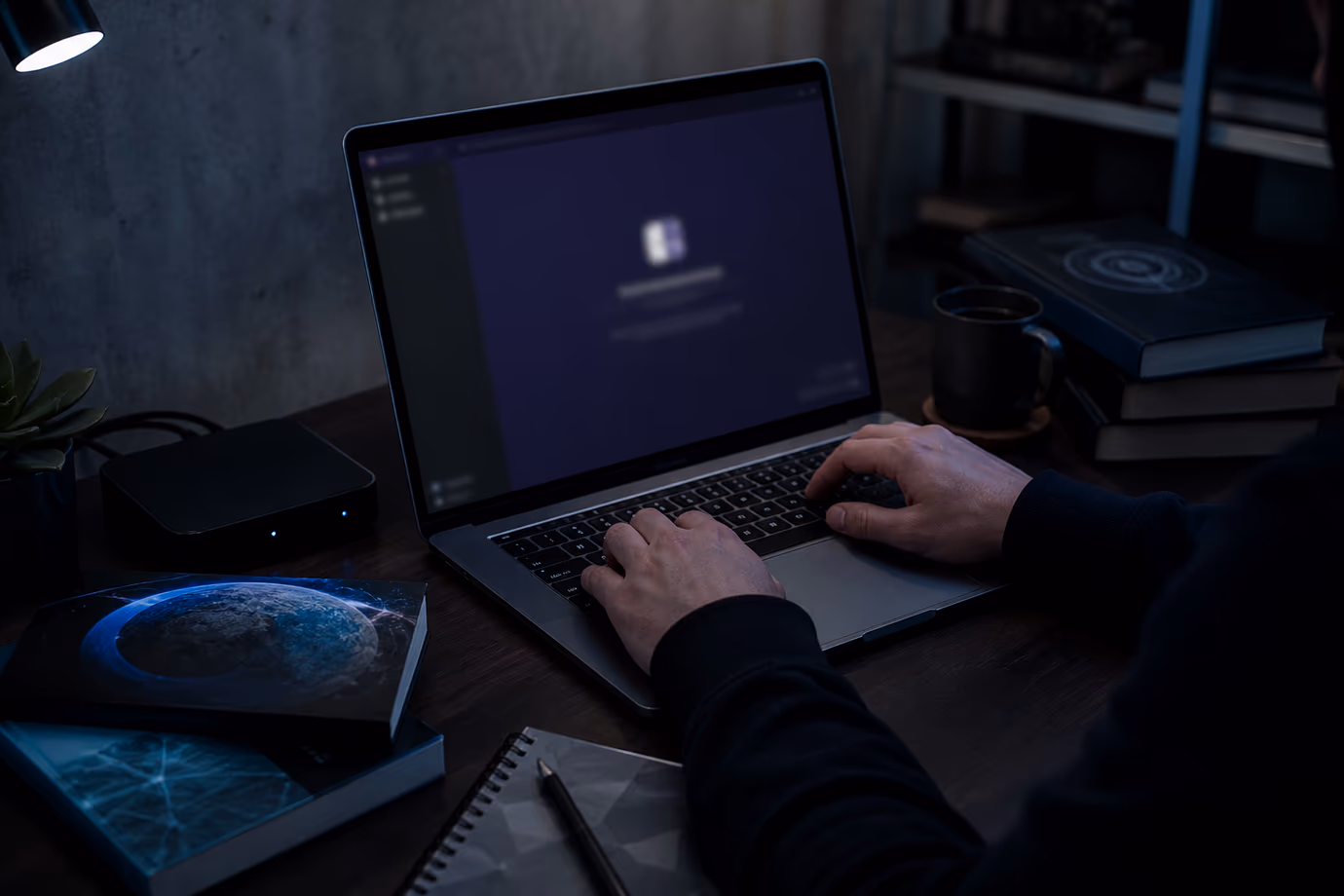 A user engages with onion links in a cozy home office environment.