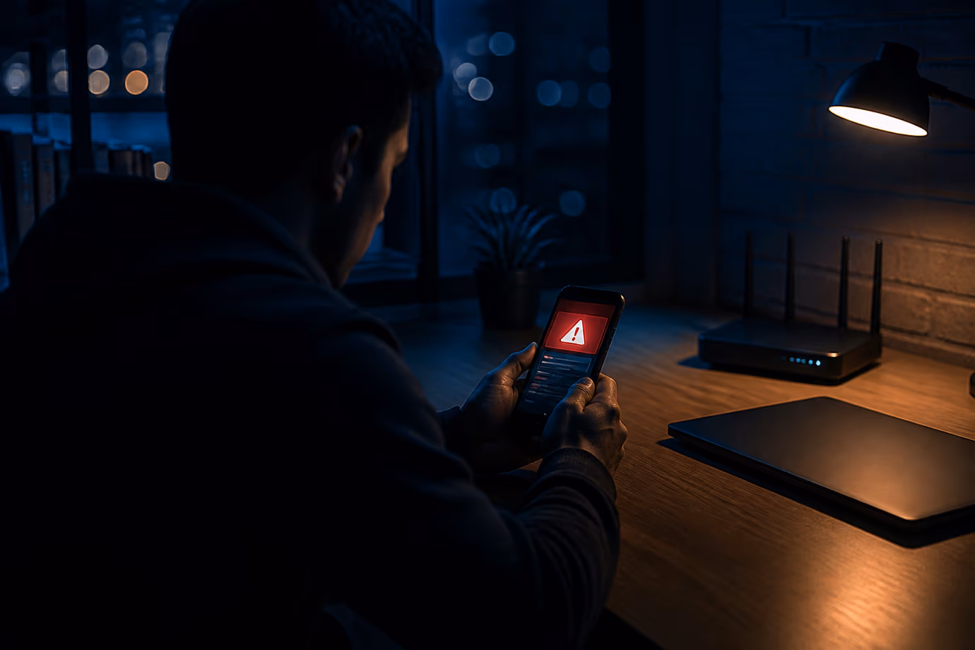 A person intently checking data breach alerts on a smartphone at a desk.