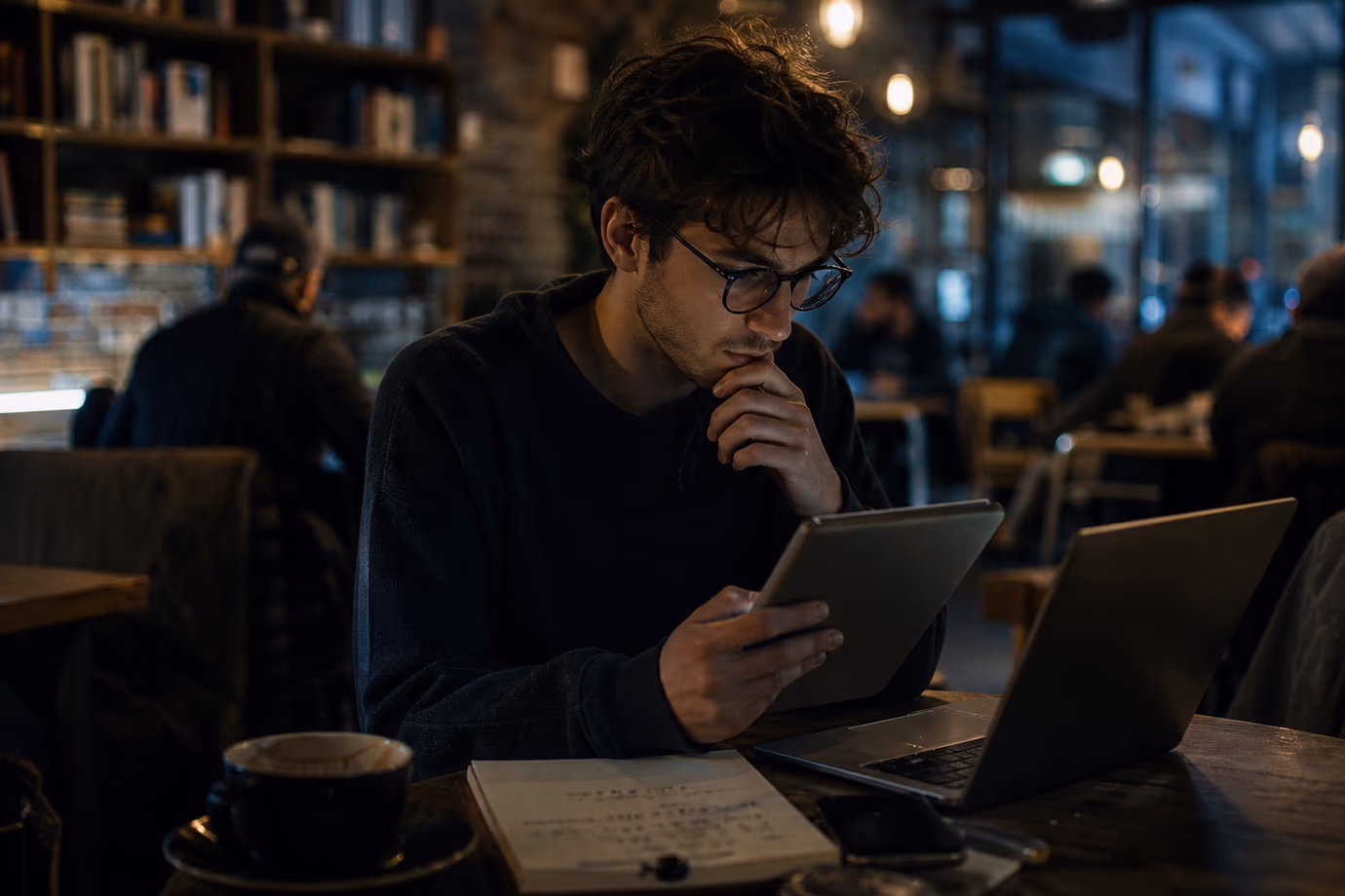 A person in a coffee shop reading about the legal implications of Tor in the US.