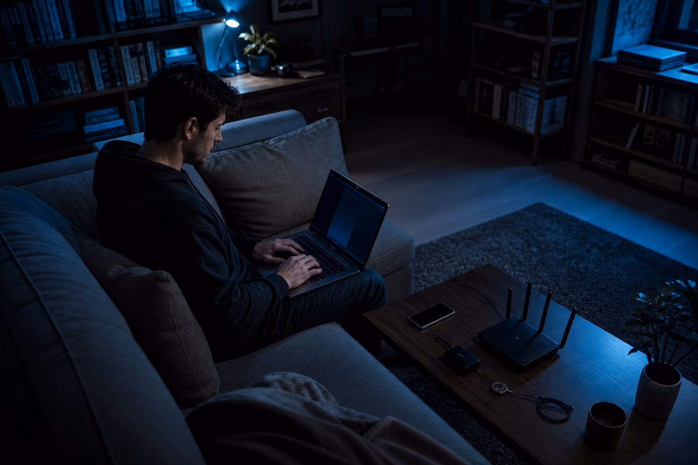 A user is deeply engaged in configuring Tor settings on their laptop in a cozy living room.