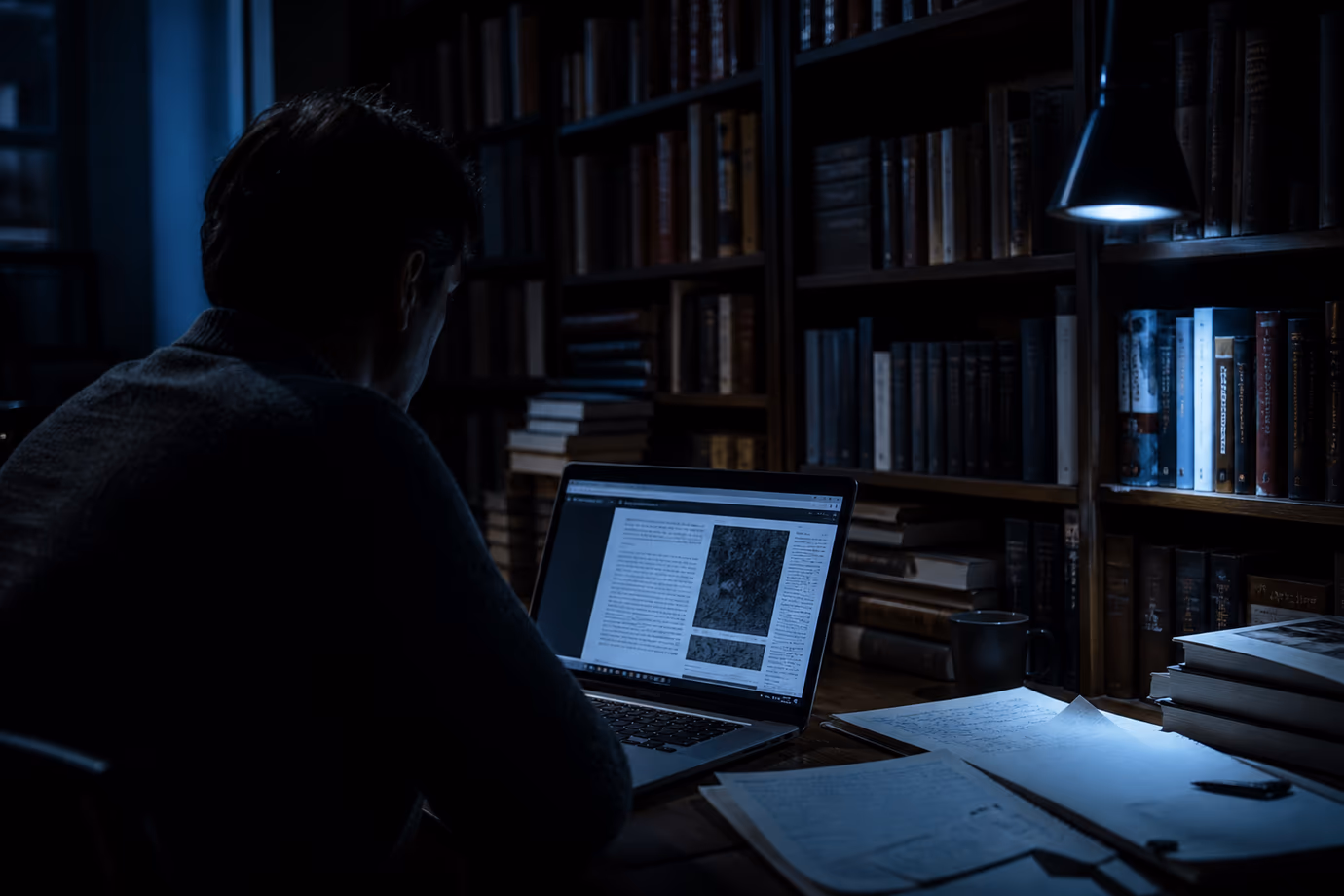 A researcher deeply engaged in examining dark web PDFs in a quiet library.