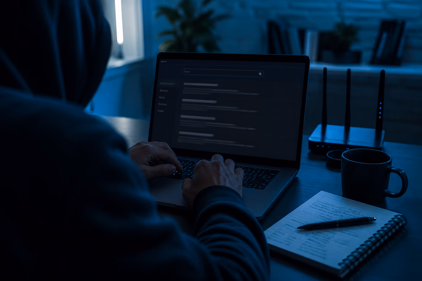 A user studying onion link search engines in a dimly lit workspace.