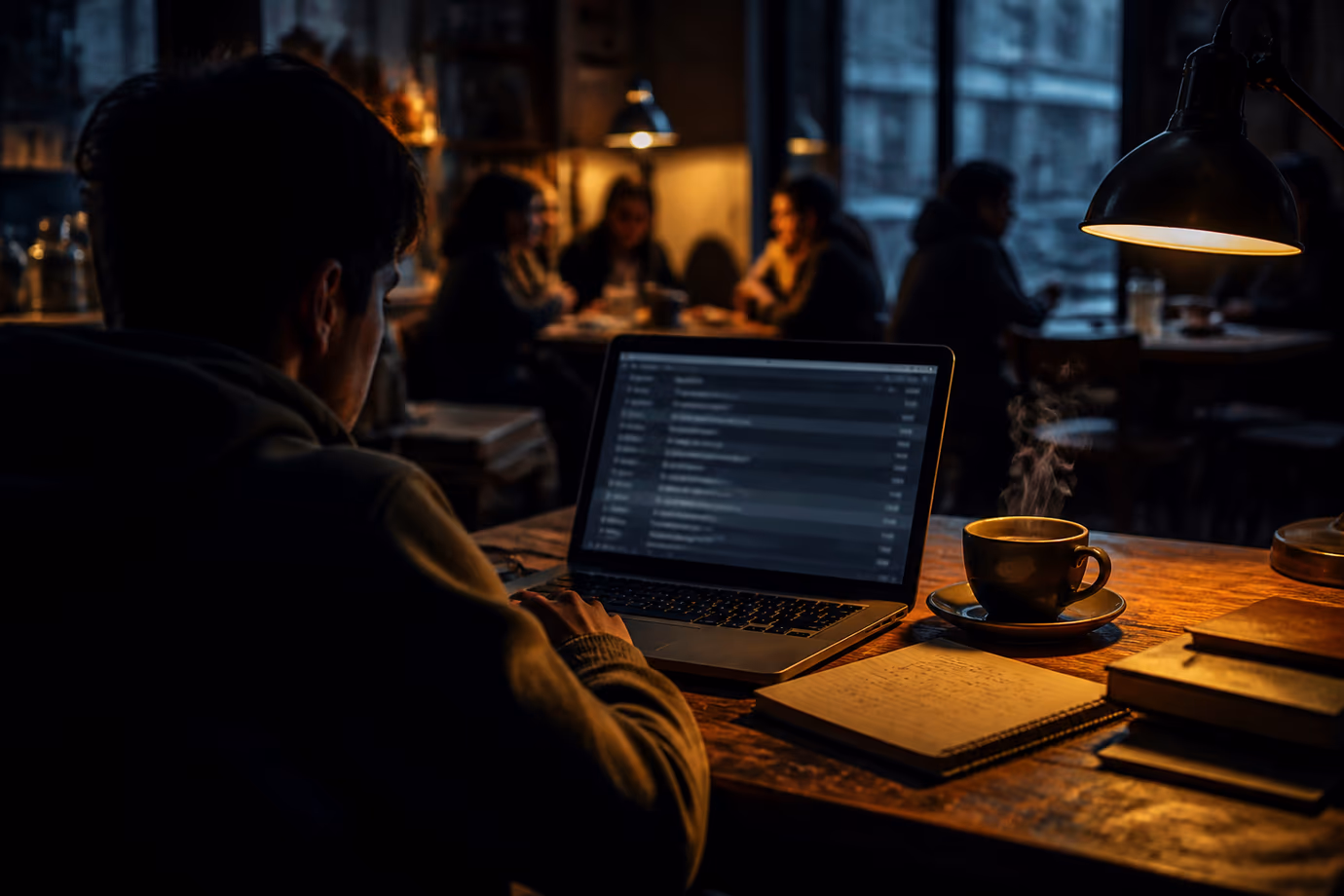 A user immersed in research about the Hidden Wiki while sipping coffee in a café.