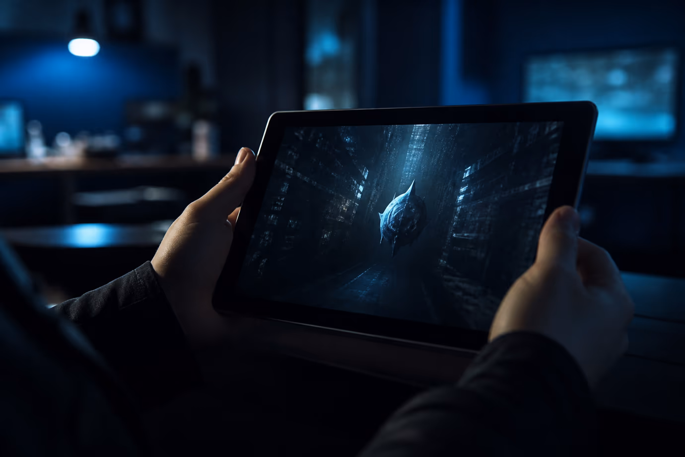 A user explores dark web resources using a tablet in a dimly lit room.