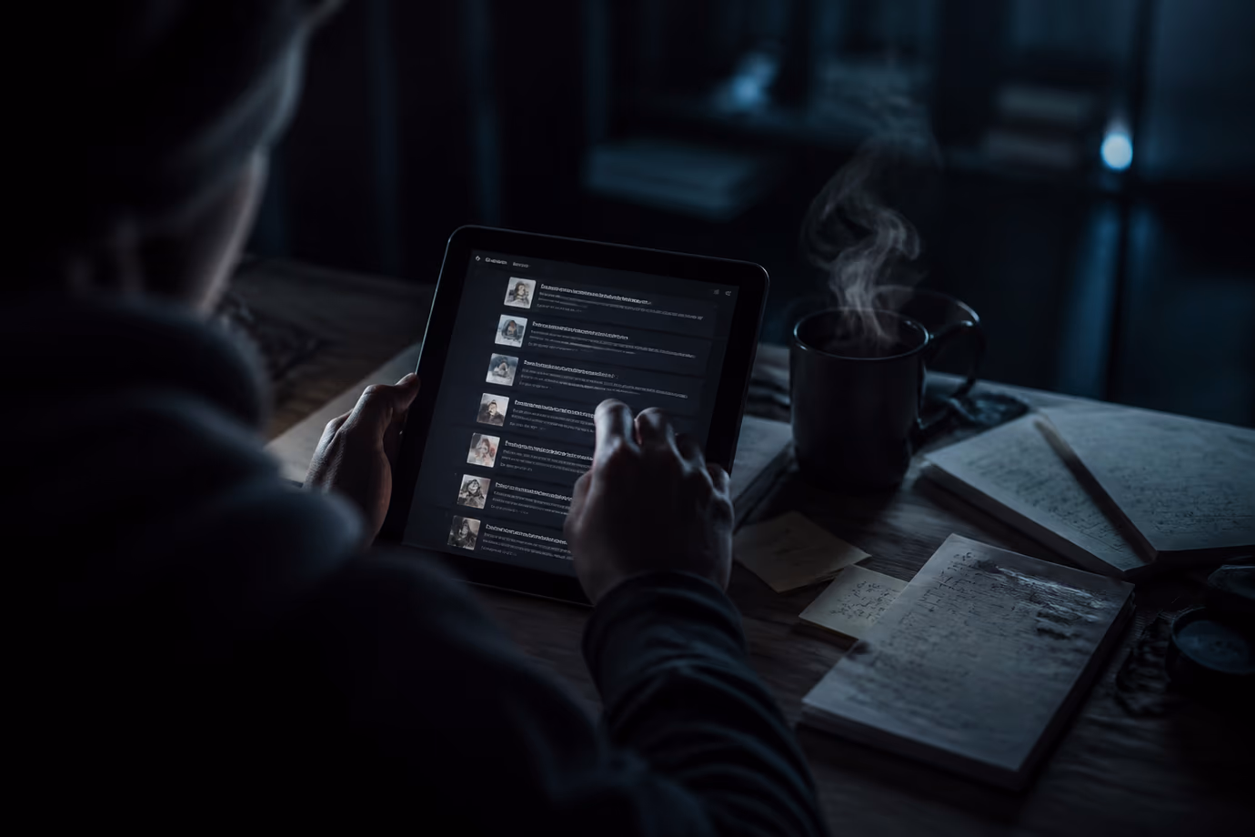 A user is focused on a deep web directory displayed on a tablet in a cozy room.