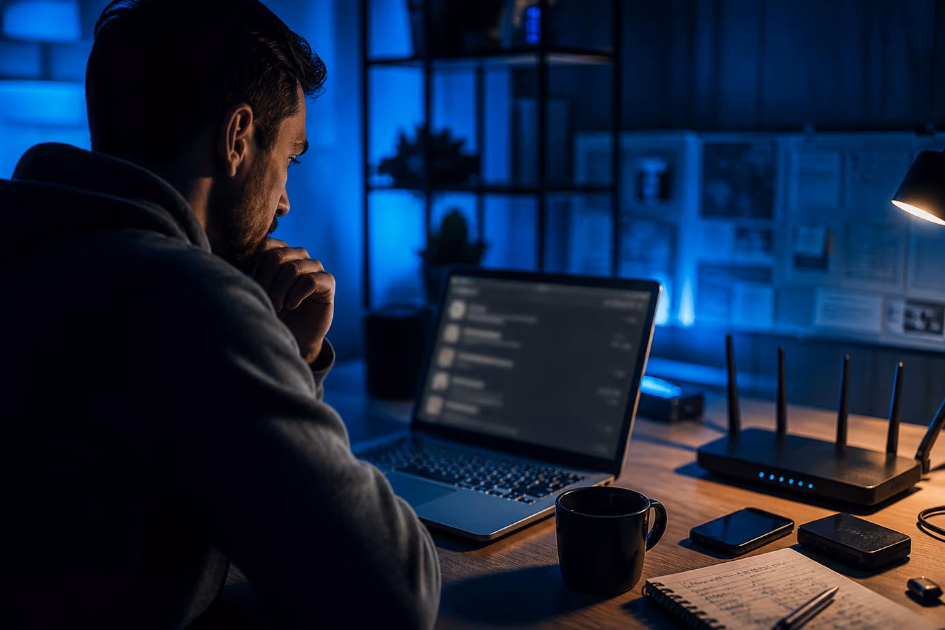 A person is focused on reviewing Tor Browser links in a cozy home office setting.