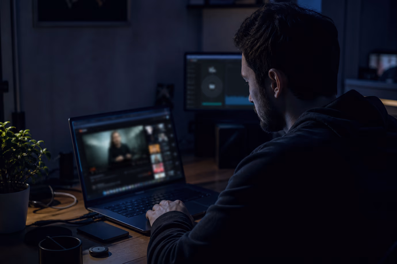 A user engaged in watching videos on a laptop while prioritizing privacy.