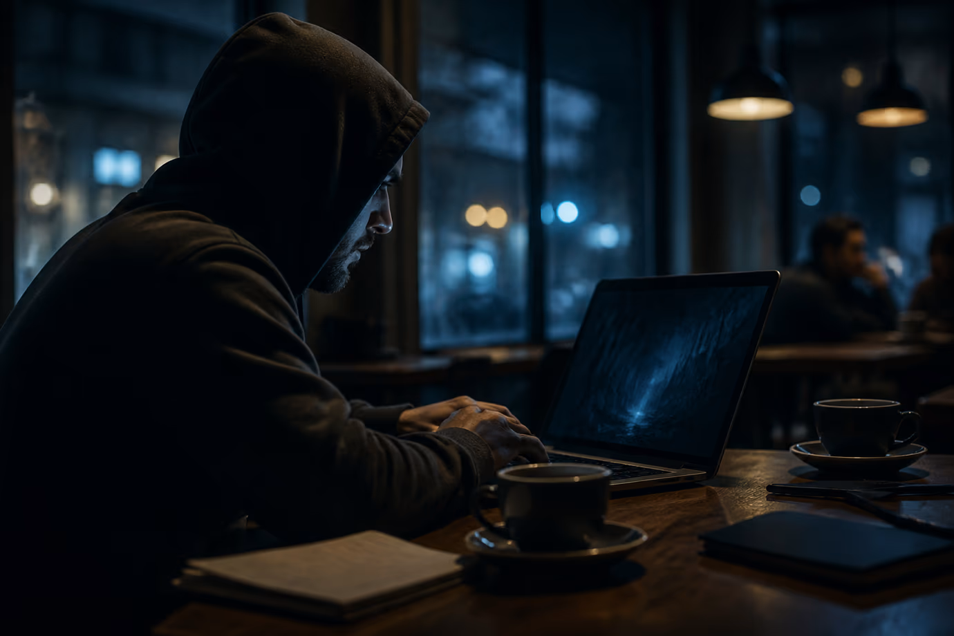 A user explores the Haystak dark web search engine in a cozy café.