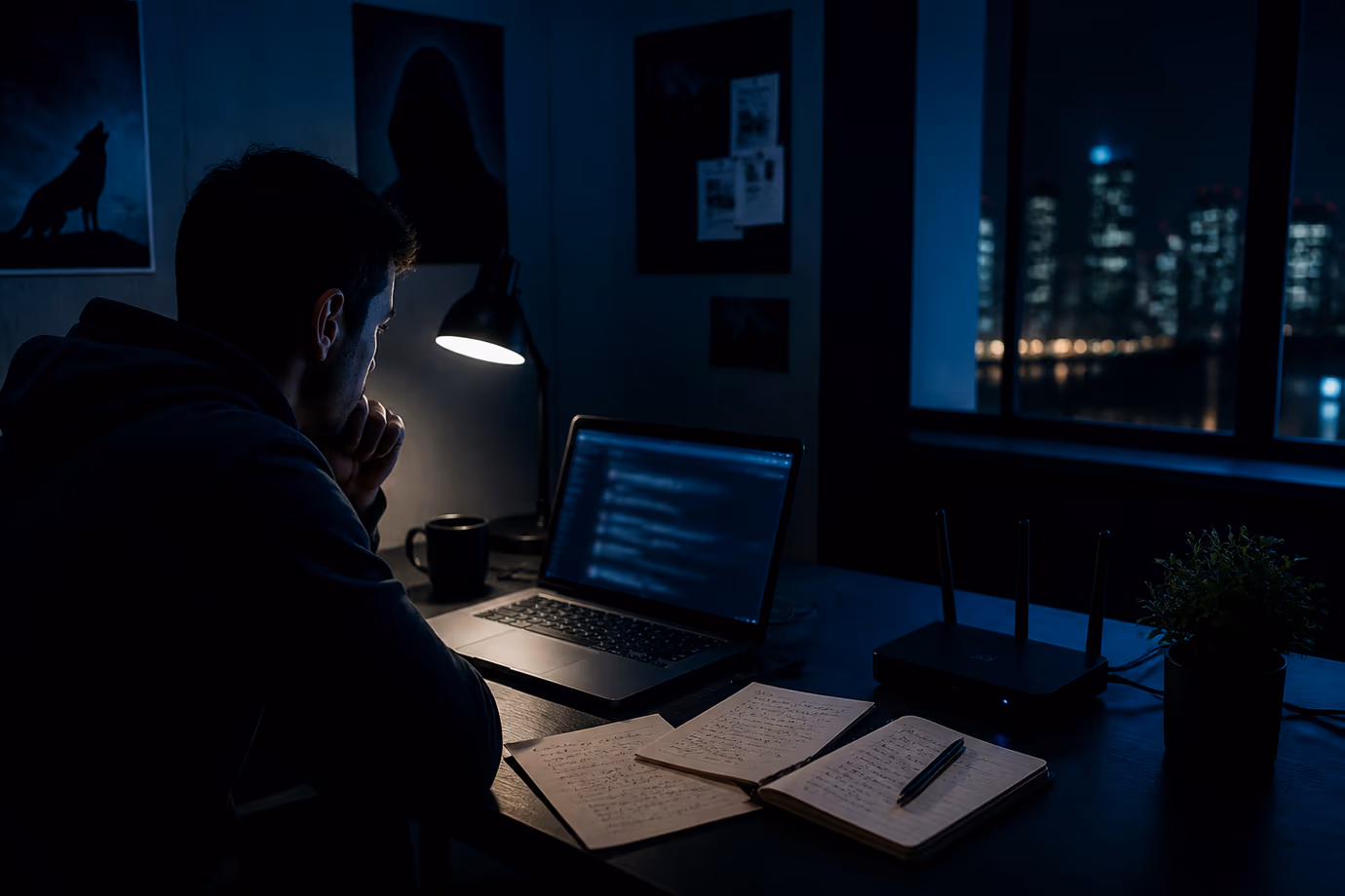 A person conducting research on dark web search engines in a modern workspace.