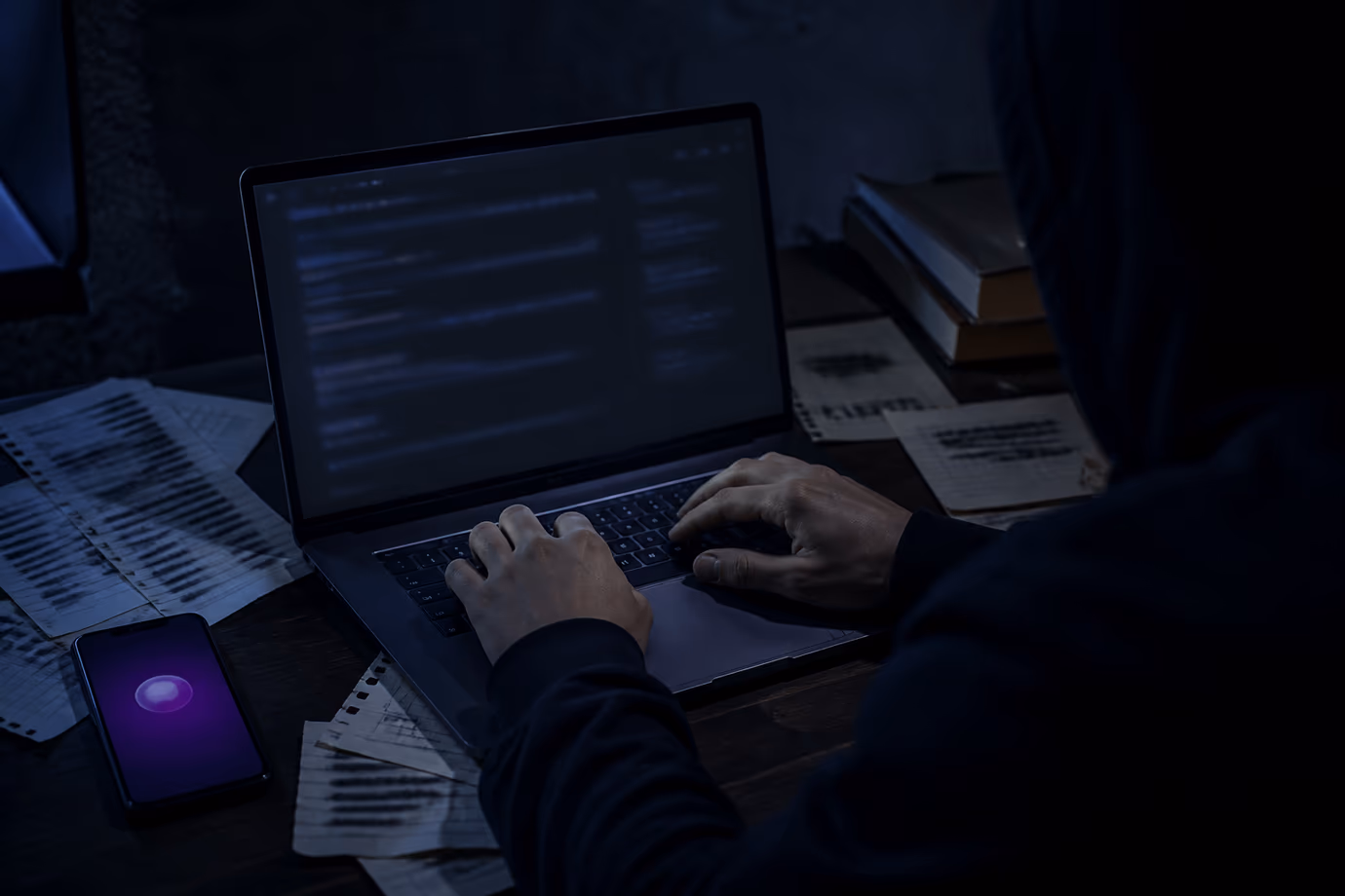 A user is navigating dark web search results on a laptop in a dimly lit environment.