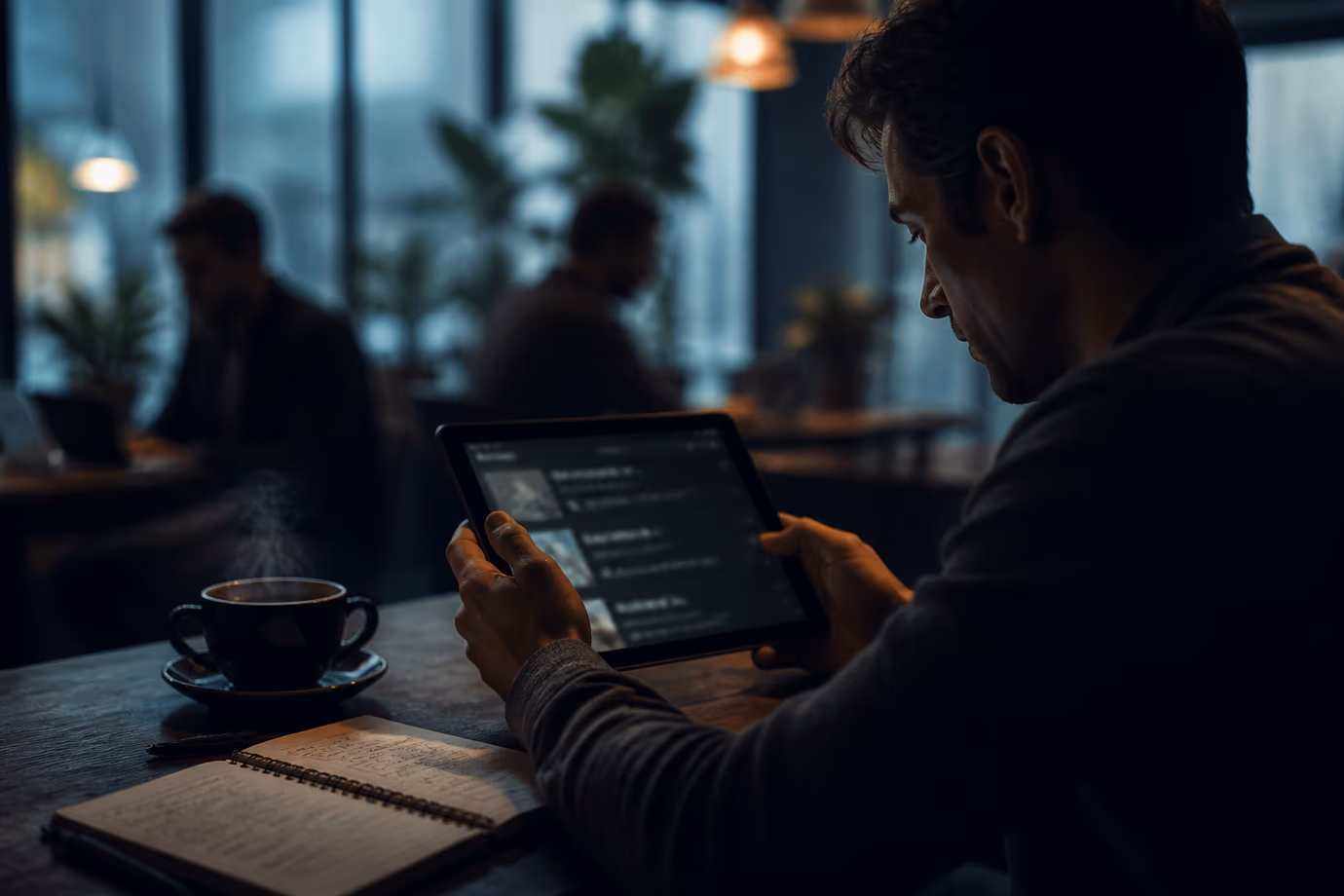A user deeply focused on analyzing dark web search engines on a tablet at a café.
